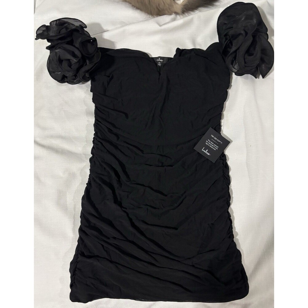 Lulus Upscale Muse Black Ruched Mesh Off Shoulder Mini Dress XL NWT $69